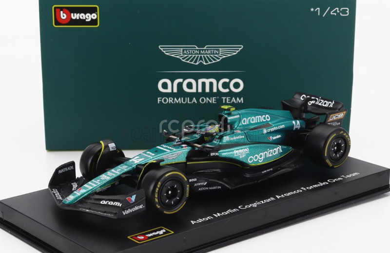Bburago Aston martin F1  Amr23 Team Aramco Cognizant N 14 Season 2023 Fernando Alonso - With Pilot And Showcase 1:43 Zelená