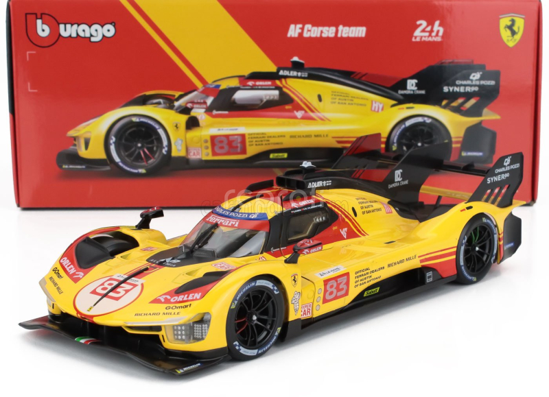 Bburago Ferrari 499p 3.0l Turbo V6 Team Af Corse N  83 24h Le Mans 2024 Robert Kubica - Robert Shwartzman - Yifei Ye 1:18 Žlutá Červená