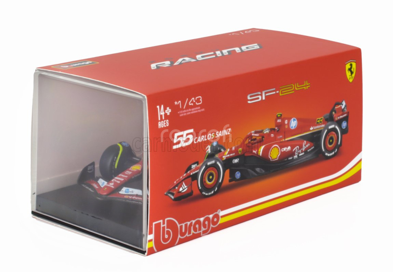 Bburago Ferrari F1  Sf-24 Team Scuderia Ferrari N 55 4th Italy Monza Gp 2024 Carlos Sainz - With Pilot And Showcase 1:43 Červená Bílá Černá