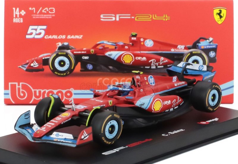 Bburago Ferrari F1  Sf-24 Team Scuderia Ferrari N 55 5th Miami Gp 2024 Carlos Sainz - With Pilot And Showcase 1:43 Červená Černá Světle Modrá