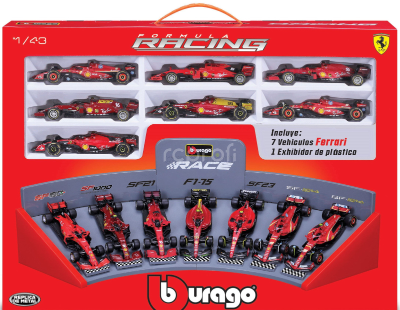 Bburago Ferrari Set F1  7x Team Scuderia Ferrari N 5 2019 Sebastian Vettel - Sf1000 N 16 2020 - Sf21 N 16 Season 2021 - Sf-75 N 55 2022 - Sf-23 N 55 2023 - Sf-24 N 16 2024 Charles Leclerc + N 55 Carlos Sainz 1:43 Červená Černá