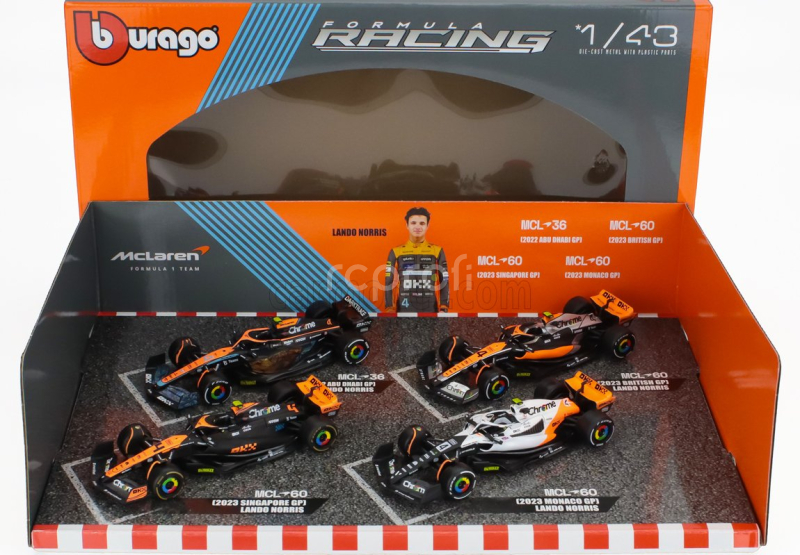 Bburago Mclaren F1  Set 4x - Team Mclaren Mcl36 N 4 Abu Dhabi Gp 2022 - Mcl60 N 4 Singapore Gp - Monaco Gp - British Gp 2023 Lando Norris 1:43 Oranžová Černá Bílá