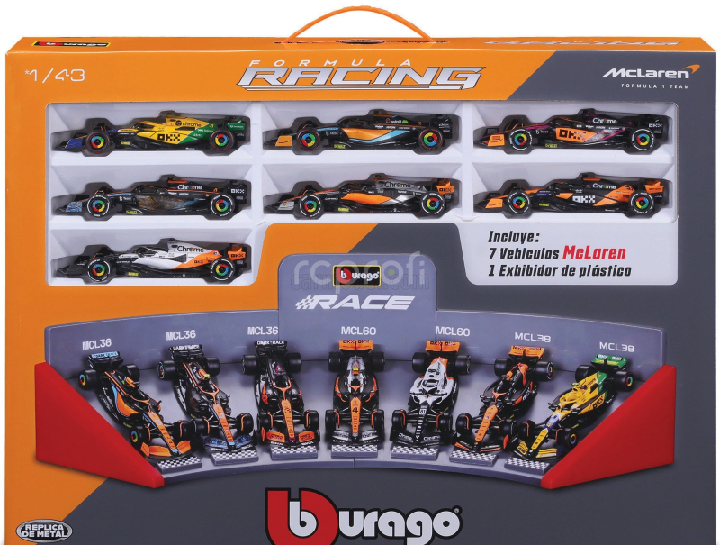 Bburago Mclaren Set F1  7x F1  Mcl36 Team Mclaren N 4 2022 + 2x N 3 Daniel Ricciardo - Mcl60 N 4 2023 Lando Norris + N 81 Oscar Piastri - Mcl38 N 4 4th Monaco Gp 2024 Lando Norris + N 81 Oscar Piastri 1:43 Oranžová Černá