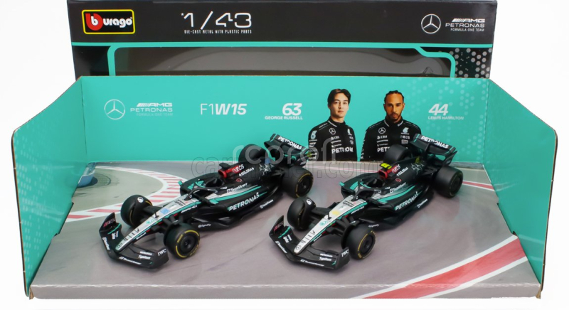 Bburago Mercedes gp Set F1  2x W15 Eq Performance Team Amg Petronas Motorsport N 44 Season 2024 Lewis Hamilton + N 63 Season 2024 George Russell 1:43 Černá Stříbrná Zelená