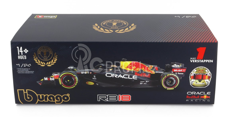Bburago Red bull F1  Rb18 Team Oracle Red Bull Racing N 1 World Champion Season 2022 Max Verstappen - With Pilot And Showcase 1:24 Matná Modrá Žlutá Červená