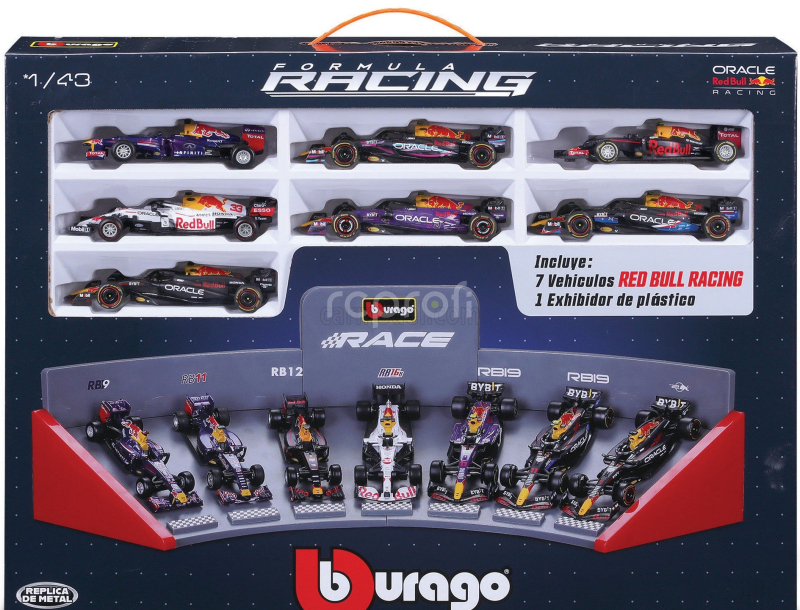 Bburago Red bull Set F1  7x Rb9 N 1 World Champion 2013 Sebastian Vettel - Rb11 N 3 2015 - Rb12 N 3 2016 Daniel Ricciardo - Rb16b N 33 Turkish Gp 2021 Max Verstappen - 2x Rb19 N 11 2023 Sergio Perez - Rb20 N 1 World Champion 2024 Max Verstappen 1:43 Matná Modrá Žlutá Červená