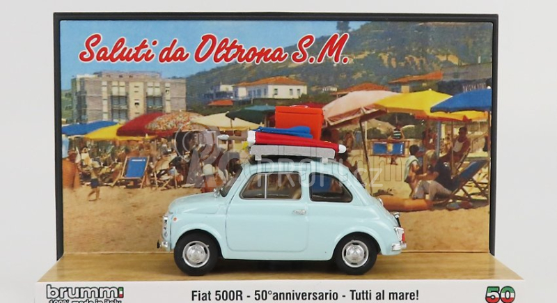 Brumm prom Fiat 500r 1972 - Tutti Al Mare - Saluti Da Oltrona S.m. 1:43, světle modrá
