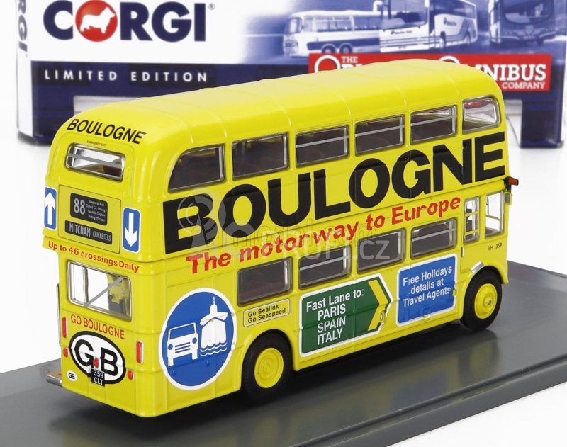 Corgi AEC Type Rm Autobus London Transport Boulogne Route 88 Mitcham Cricketers 1949 1:76 Žlutá