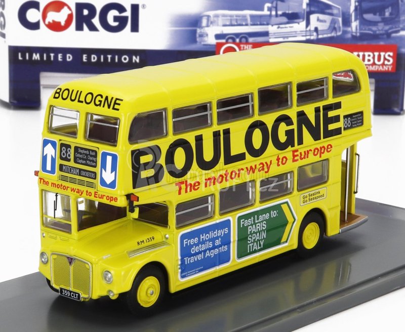 Corgi AEC Type Rm Autobus London Transport Boulogne Route 88 Mitcham Cricketers 1949 1:76 Žlutá