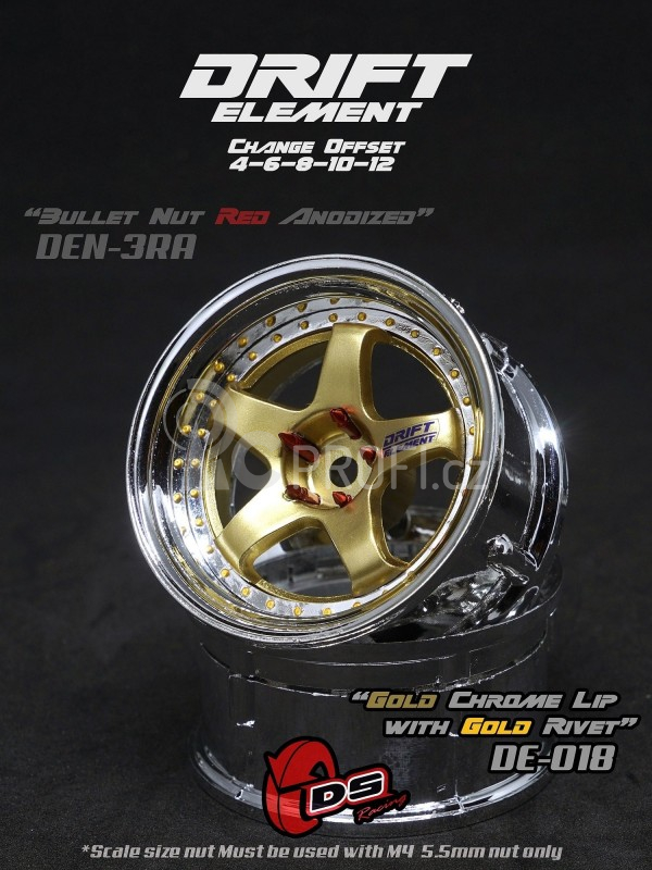 DS Racing Drift Element 5 Spoke disky, Zlatý střed, chromový okraj a zlaté nýty, 2 ks