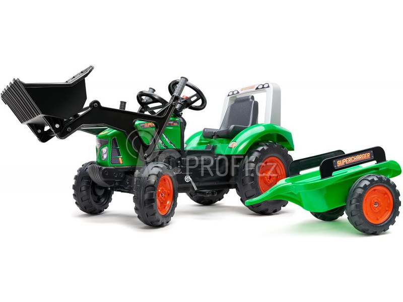 FALK - Šlapací traktor Supercharger s nakladačem a vlečkou zelený