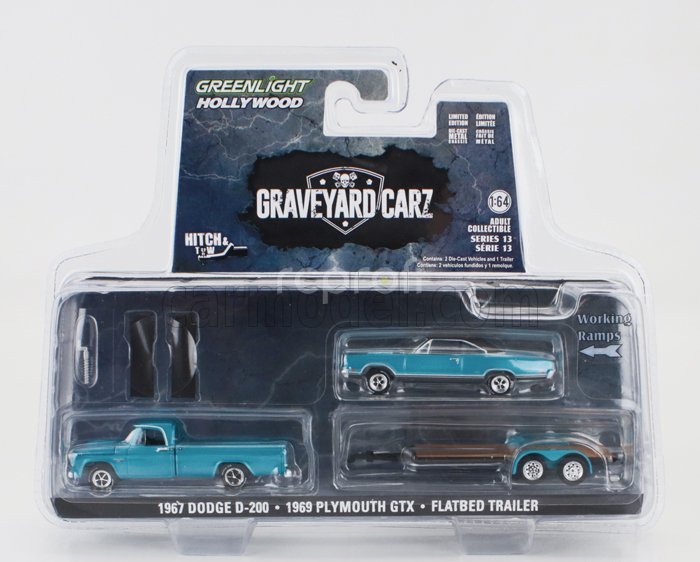 Greenlight Dodge D-200 Pick-up 1967 With Trailer + Gtx Coupe 1969 - Graveyard Carz 1:64 Blue Met