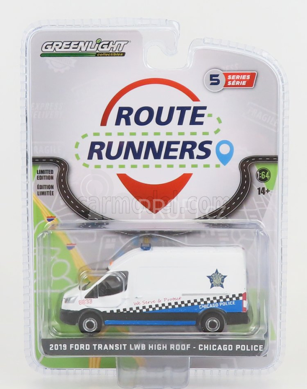 Greenlight Ford england Transit Van Lwb High Roof Chicago Police 2019 1:64, bílá