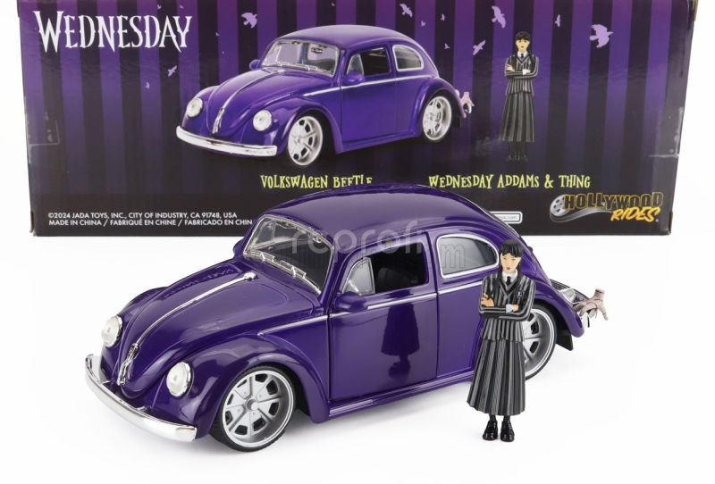 Jada Volkswagen Beetle Maggiolino Custom With Wednesday Addams & Thing Figure 1959 1:24 Modrá Černá