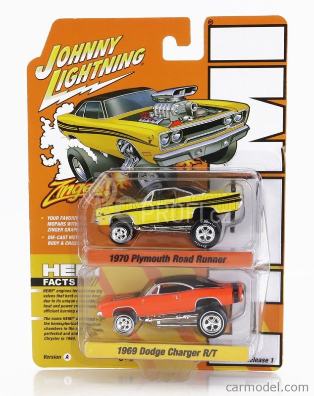 Johnny lightning Plymouth Set 2x Dragster Road Runner 1970 + Dodge Charger R/t 1969 1:64