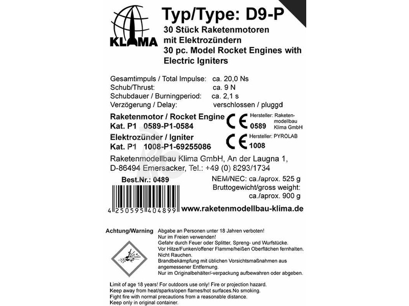 Klima raketový motor D9-P EL (30ks)