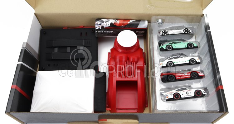 Majorette Porsche Set Area Service Canopy + Podio Podium + Lanciatore + 5x Porsche 1:64 Různé