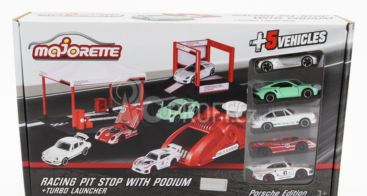 Majorette Porsche Set Area Service Canopy + Podio Podium + Lanciatore + 5x Porsche 1:64 Různé