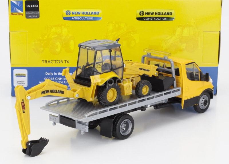 Newray Iveco fiat Daily Roll-off Pianale 2023 With New Holland B110c Ruspa Gommata - Scraper Tractor 1:36 Žlutá Černá