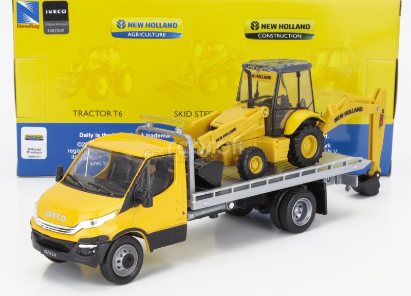 Newray Iveco fiat Daily Roll-off Pianale 2023 With New Holland B110c Ruspa Gommata - Scraper Tractor 1:36 Žlutá Černá