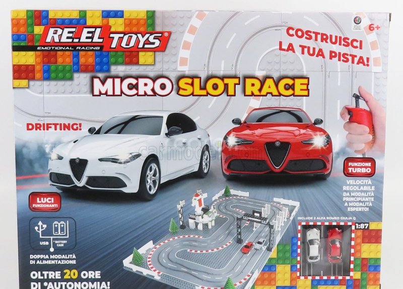 Re-el toys Alfa romeo Pista Componibile - With 2x Giulia Quadrifoglio Slot Cars - Lego Compatibile 1:87 /
