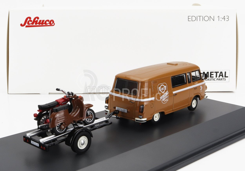 Schuco Barkas B1000 Van Werkstatt Service 1965 With Trailer + 2x Motorcycle 1:43 Světle Hnědá