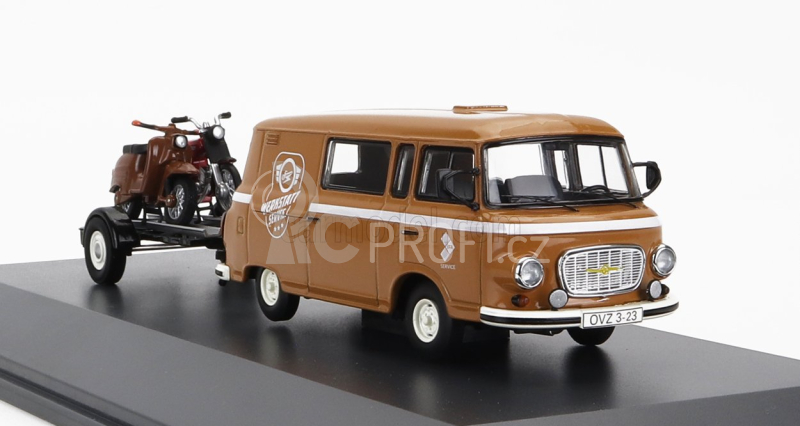 Schuco Barkas B1000 Van Werkstatt Service 1965 With Trailer + 2x Motorcycle 1:43 Světle Hnědá