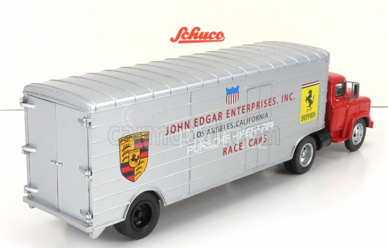 Schuco GMC Truck Car Transporter Team John Edgard Enterprises Inc. Los Angeles California Ferrari - Porsche Race Cars 1950 1:43 Červená Stříbrná