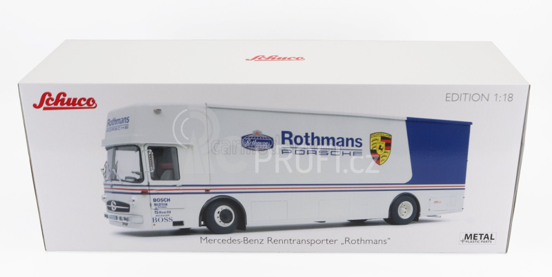 Schuco Mercedes benz O317 Truck Car Transporter Porsche Rothmans 1984 1:18 Bílá Modrá