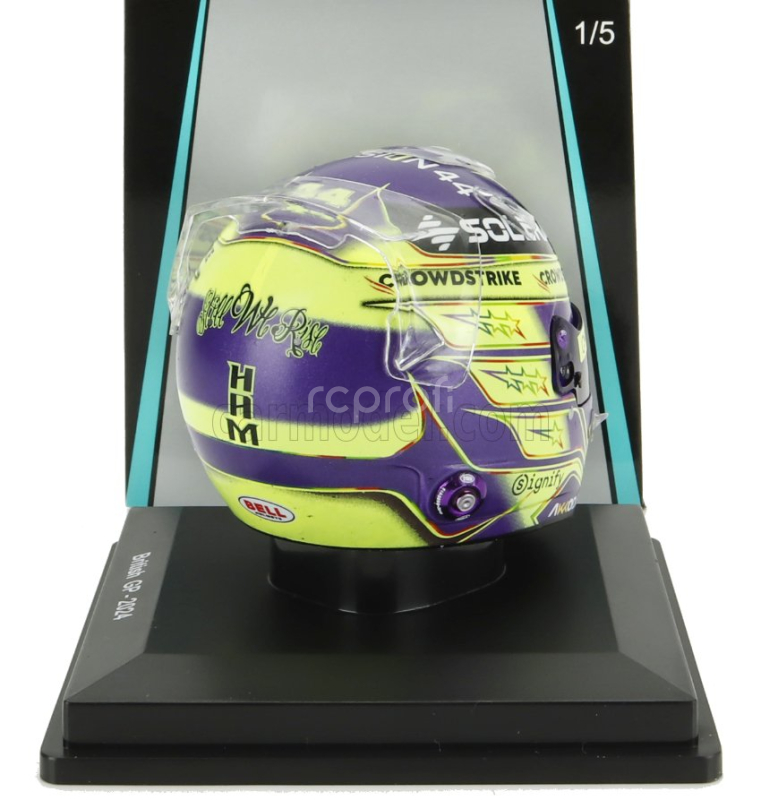 Spark-model Bell helmet Casco Helmet F1 Lewis Hamilton Team Mercedes Amg Petronas Motorsport Formula One N 44 Winner British Gp 2024 1:5 Fialově Žlutá