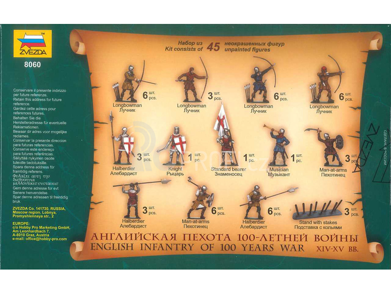 Zvezda figurky - anglická pěchota stoletá válka (1:72)