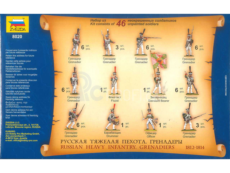 Zvezda figurky Russian Heavy Infantry Grenadiers 1812-1815 (1:72)