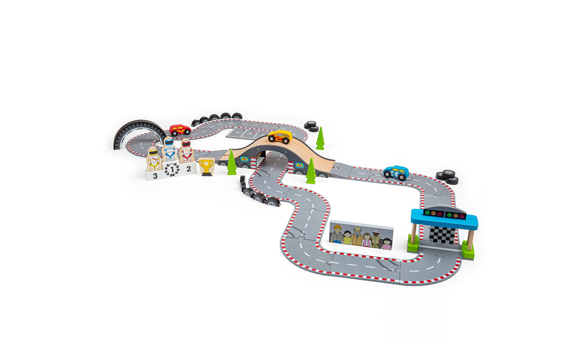 Bigjigs Rail Dřevěná autodráha závodní den